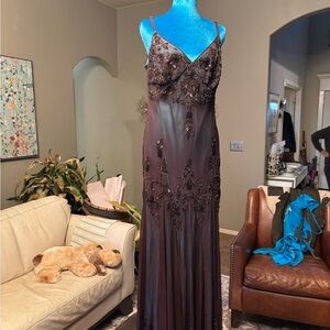 Evening long Beaded Dress - Shear Brown with turquoise lining.